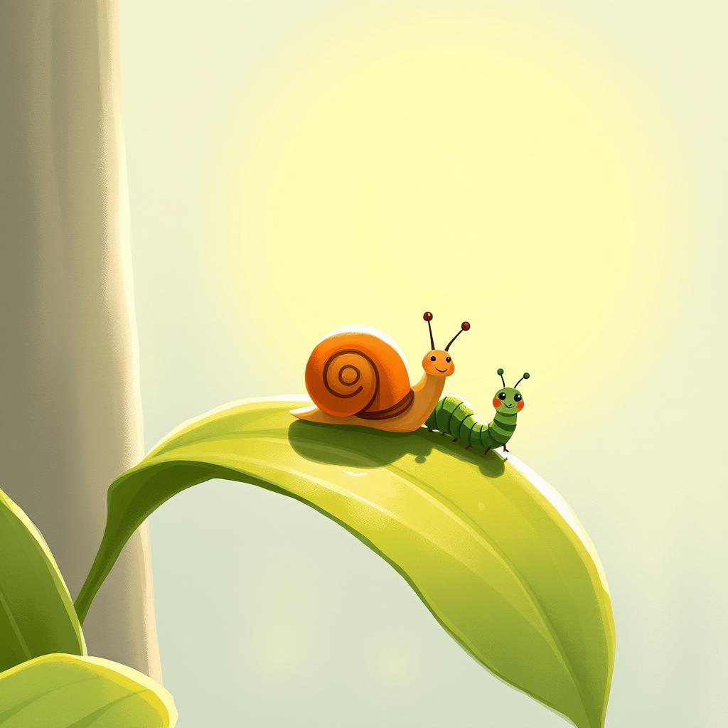 A delightful illustration of a small snail basking on a tender green leaf as spring arrives