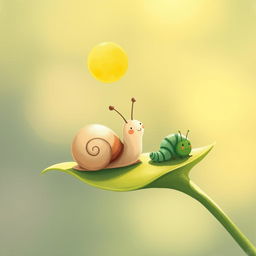 A delightful illustration of a small snail basking on a tender green leaf as spring arrives
