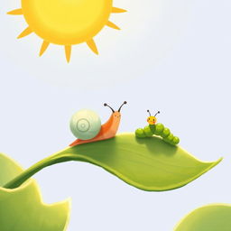 A delightful illustration of a small snail basking on a tender green leaf as spring arrives