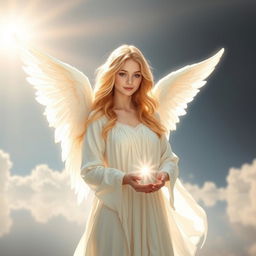 A serene and ethereal female angel, with delicate white feathered wings, gently glowing in soft light