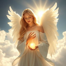 A serene and ethereal female angel, with delicate white feathered wings, gently glowing in soft light