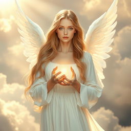 A serene and ethereal female angel, with delicate white feathered wings, gently glowing in soft light