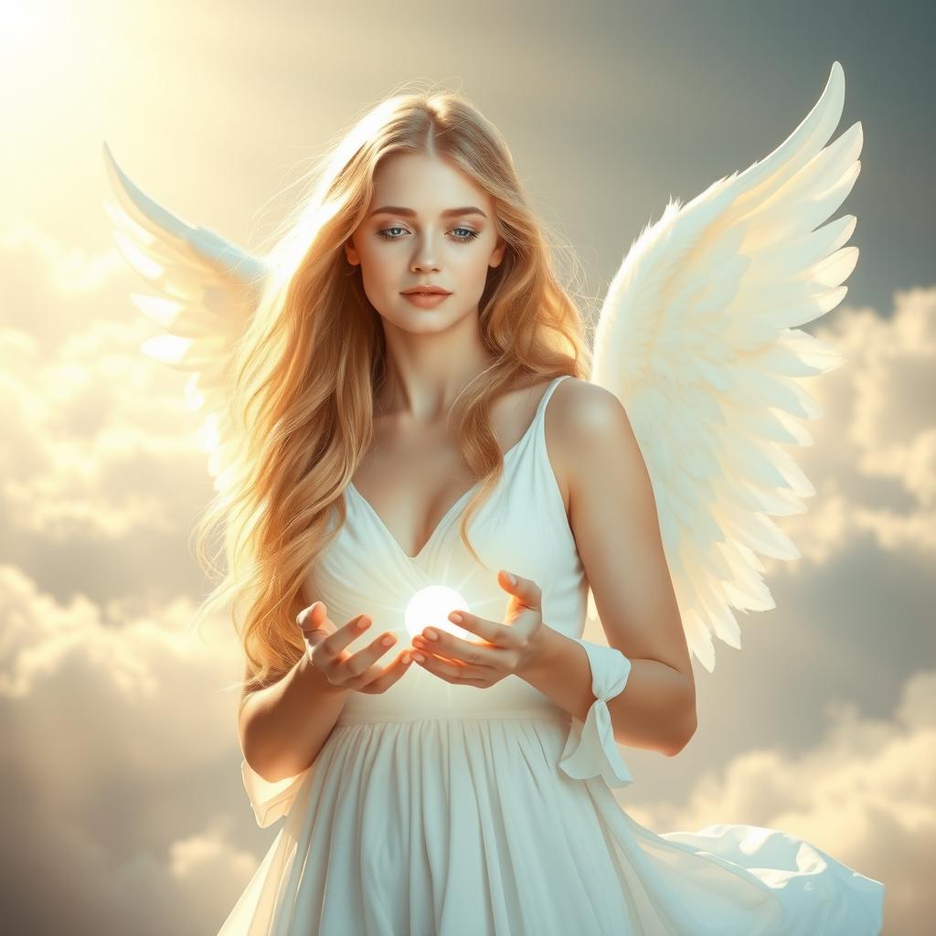 A serene and ethereal female angel, with delicate white feathered wings, gently glowing in soft light