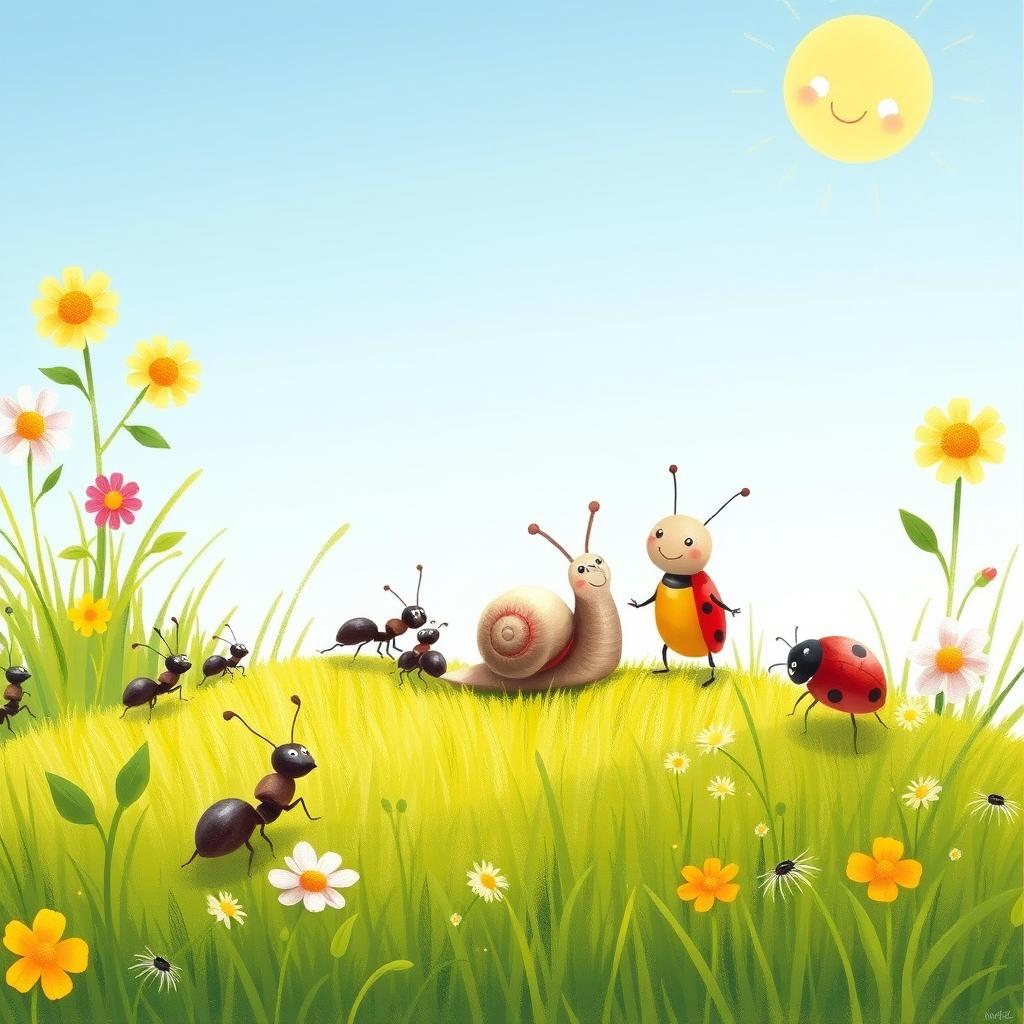 A delightful illustration of a small snail enjoying a sunny day on the grass with its friends—a group of little ants bringing bread crumbs and a cheerful ladybug offering sweet flower nectar