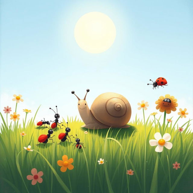 A delightful illustration of a small snail enjoying a sunny day on the grass with its friends—a group of little ants bringing bread crumbs and a cheerful ladybug offering sweet flower nectar