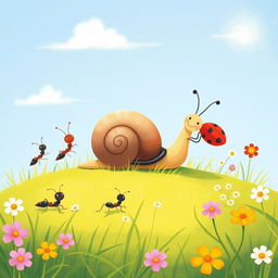 A delightful illustration of a small snail enjoying a sunny day on the grass with its friends—a group of little ants bringing bread crumbs and a cheerful ladybug offering sweet flower nectar