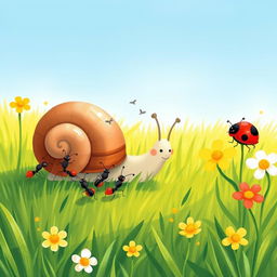 A delightful illustration of a small snail enjoying a sunny day on the grass with its friends—a group of little ants bringing bread crumbs and a cheerful ladybug offering sweet flower nectar