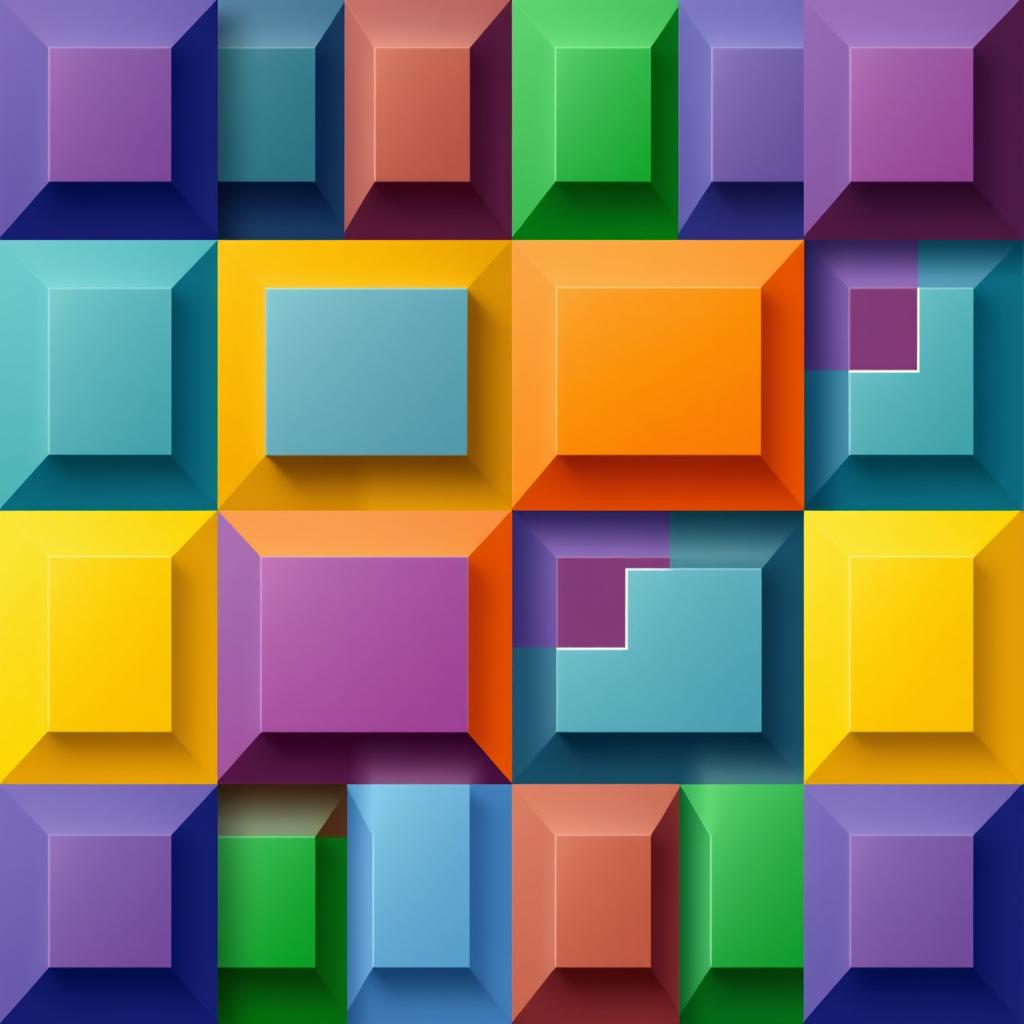 an abstract geometric composition featuring a tightly arranged grid of squares and rectangles in vibrant, contrasting colors