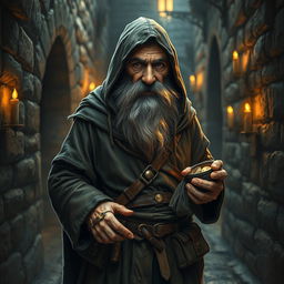 An elderly dwarf thief with a weathered face and a long, braided beard, wearing a tattered leather cloak without a hood