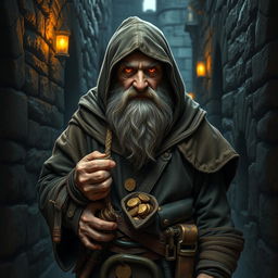 An elderly dwarf thief with a weathered face and a long, braided beard, wearing a tattered leather cloak without a hood