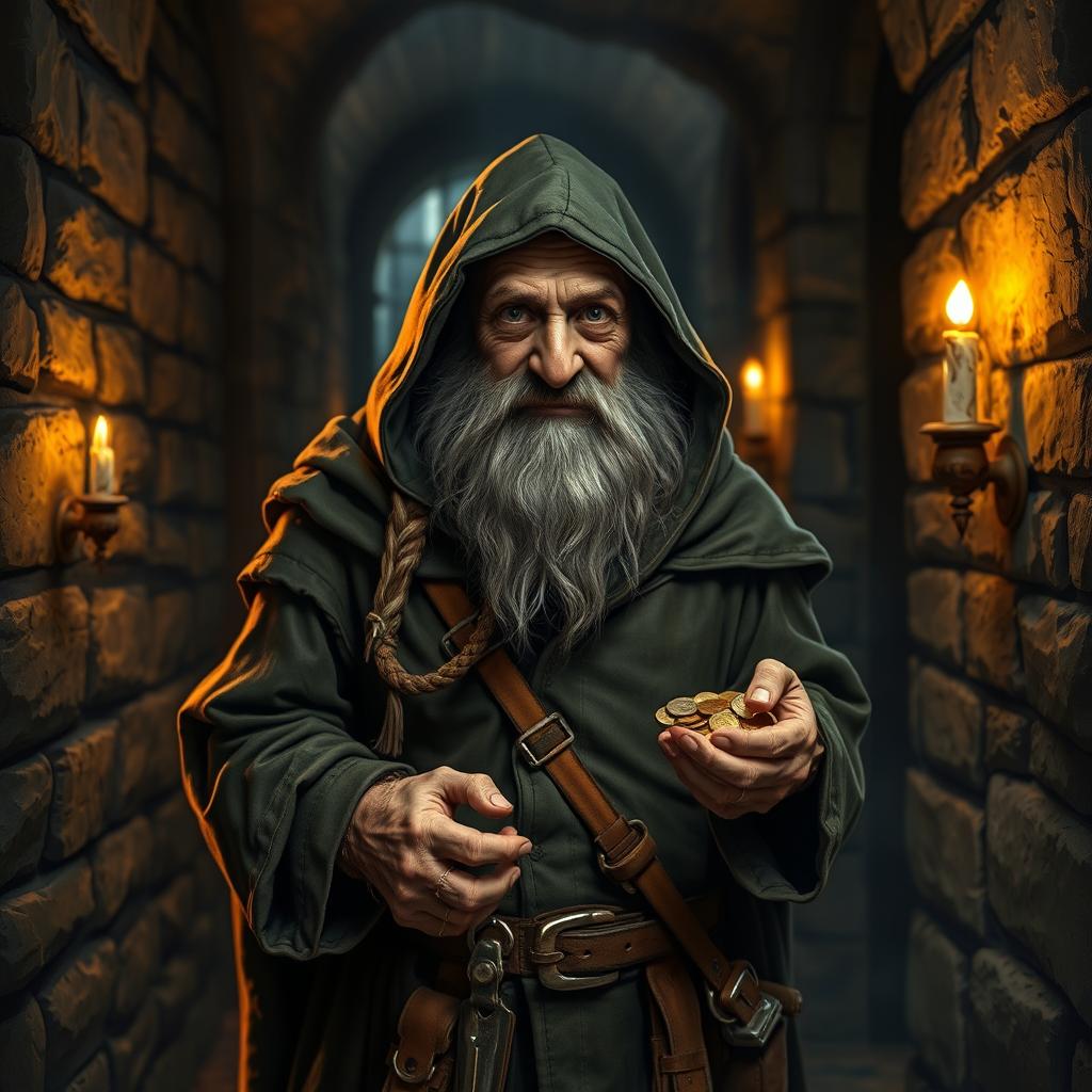 An elderly dwarf thief with a weathered face and a long, braided beard, wearing a tattered leather cloak without a hood