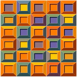 an abstract geometric composition featuring a tightly arranged grid of squares and rectangles in vibrant, contrasting colors