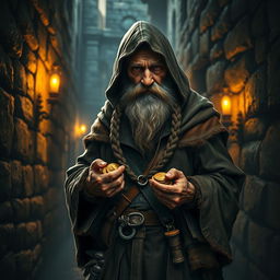 An elderly dwarf thief with a weathered face and a long, braided beard, wearing a tattered leather cloak without a hood