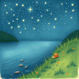 A charming illustration of a small snail exploring by a babbling brook on a summer night