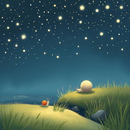 A charming illustration of a small snail exploring by a babbling brook on a summer night