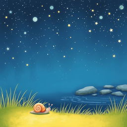 A charming illustration of a small snail exploring by a babbling brook on a summer night
