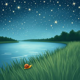 A charming illustration of a small snail exploring by a babbling brook on a summer night