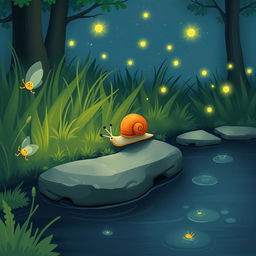 A charming illustration of a small snail on a summer night, slowly making its way to the edge of a gentle brook