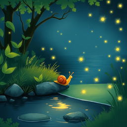 A charming illustration of a small snail on a summer night, slowly making its way to the edge of a gentle brook