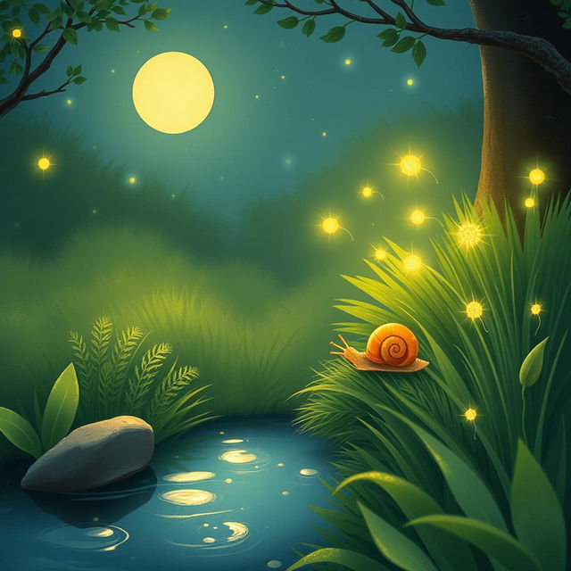 A charming illustration of a small snail on a summer night, slowly making its way to the edge of a gentle brook