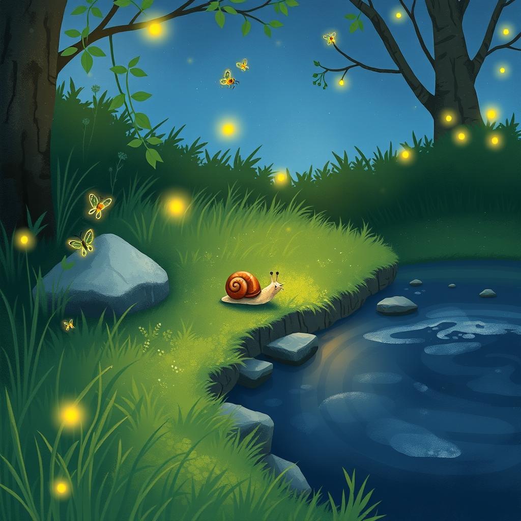 A charming illustration of a small snail on a summer night, slowly making its way to the edge of a gentle brook