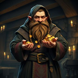 A stout dwarf standing confidently, holding a handful of sparkling gold coins in his rugged hand