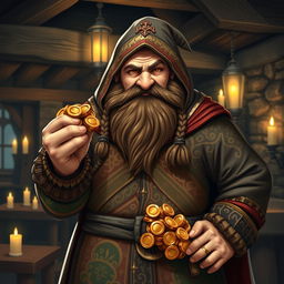 A stout dwarf standing confidently, holding a handful of sparkling gold coins in his rugged hand