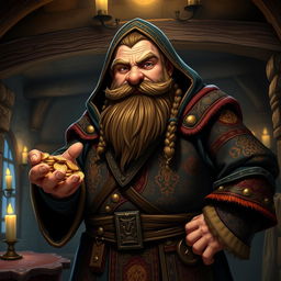 A stout dwarf standing confidently, holding a handful of sparkling gold coins in his rugged hand