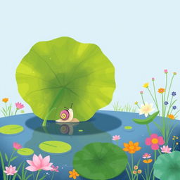 A charming illustration of a small snail seeking refuge from the scorching summer sun by a tranquil pond