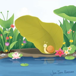 A charming illustration of a small snail seeking refuge from the scorching summer sun by a tranquil pond