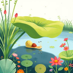 A charming illustration of a small snail seeking refuge from the scorching summer sun by a tranquil pond