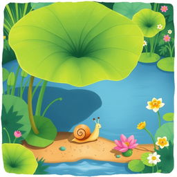 A charming illustration of a small snail seeking refuge from the scorching summer sun by a tranquil pond