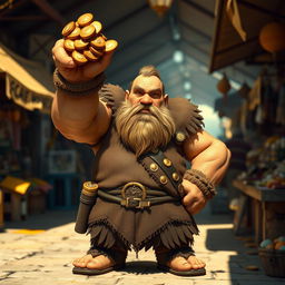 A stout dwarf standing proudly, holding a handful of shiny gold coins in his rugged hand