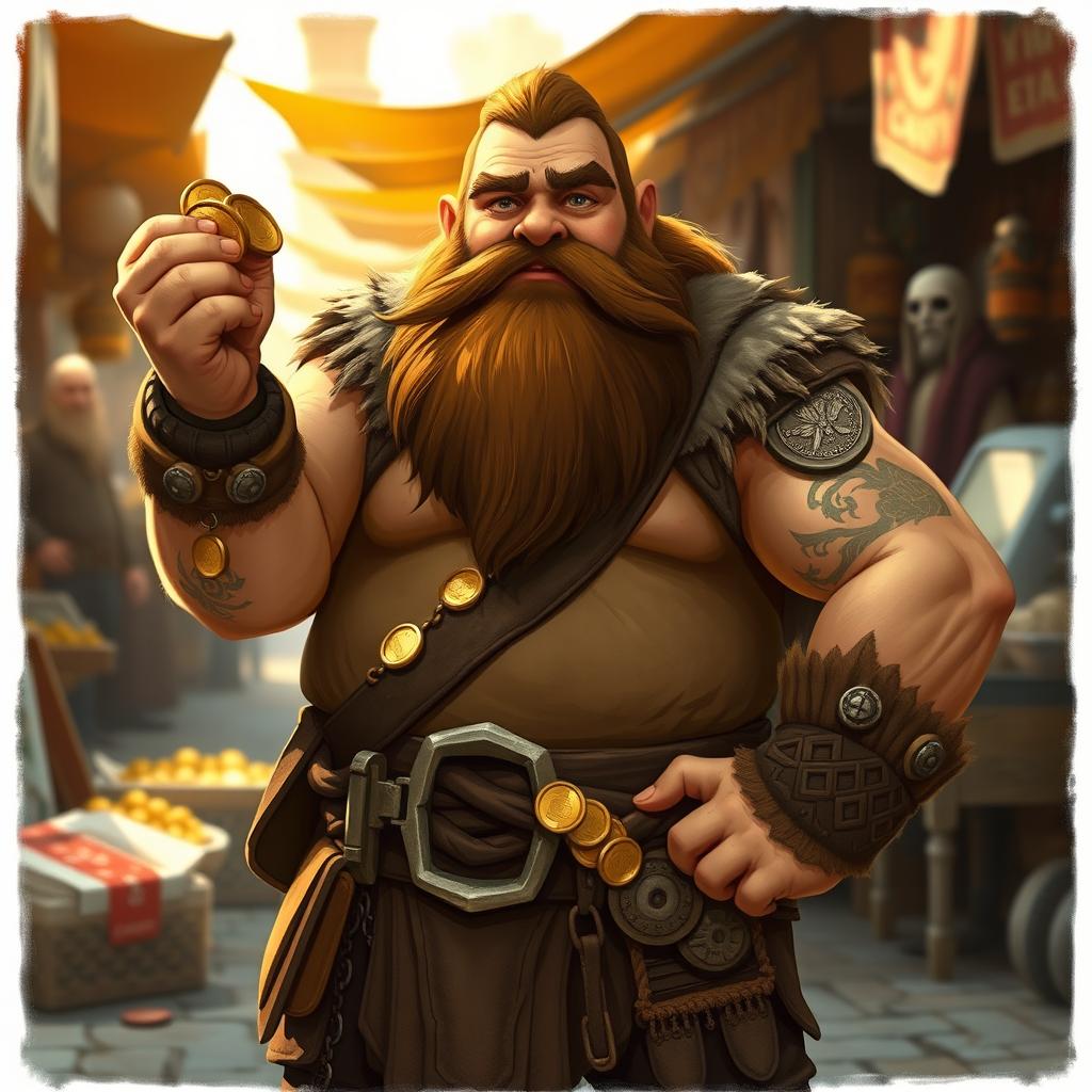 A stout dwarf standing proudly, holding a handful of shiny gold coins in his rugged hand
