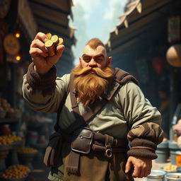 A stout dwarf standing proudly, holding a handful of shiny gold coins in his rugged hand