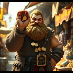 A stout dwarf standing proudly, holding a handful of shiny gold coins in his rugged hand