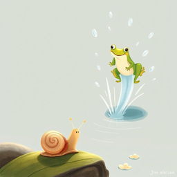 A delightful illustration of a small snail feeling the heat of the summer sun, observing as a cheerful frog jumps into the water nearby