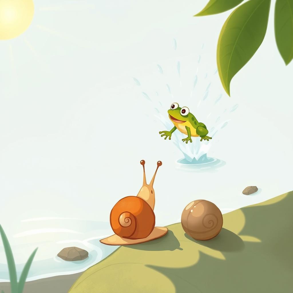 A delightful illustration of a small snail feeling the heat of the summer sun, observing as a cheerful frog jumps into the water nearby