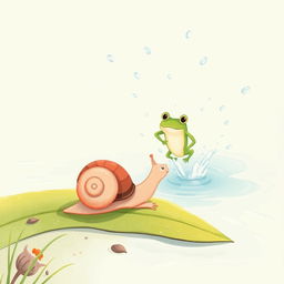 A delightful illustration of a small snail feeling the heat of the summer sun, observing as a cheerful frog jumps into the water nearby