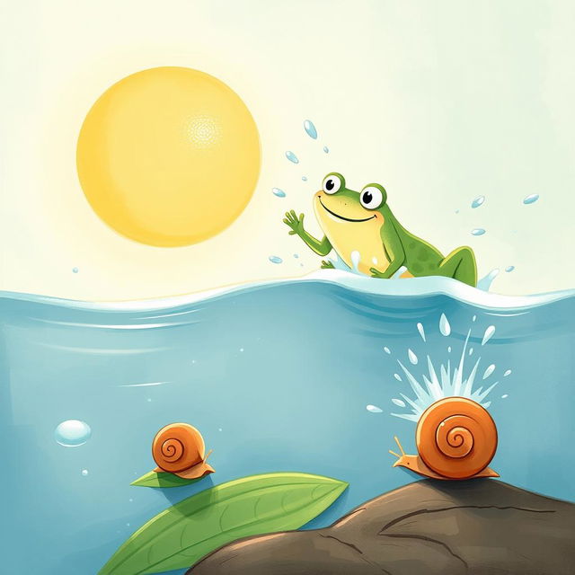 A delightful illustration of a small snail feeling the heat of the summer sun, observing as a cheerful frog jumps into the water nearby