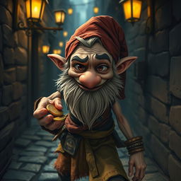 A thin dwarf with a sly grin, holding a handful of glimmering coins in his hand, as he sneaks away