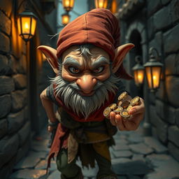 A thin dwarf with a sly grin, holding a handful of glimmering coins in his hand, as he sneaks away