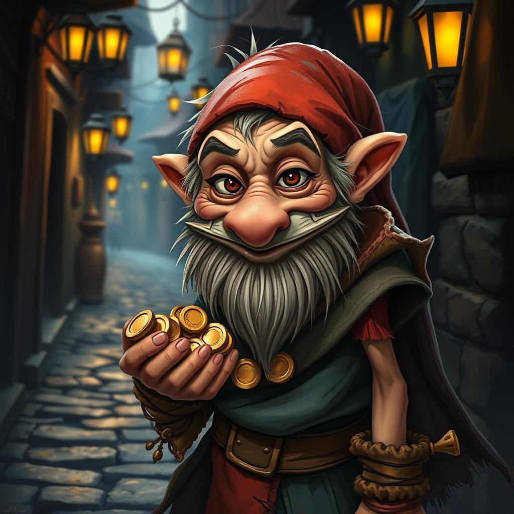 A thin dwarf with a sly grin, holding a handful of glimmering coins in his hand, as he sneaks away