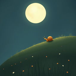 A small snail slowly climbing up a hillside at night, gazing at a round full moon in the sky