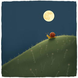 A small snail slowly climbing up a hillside at night, gazing at a round full moon in the sky