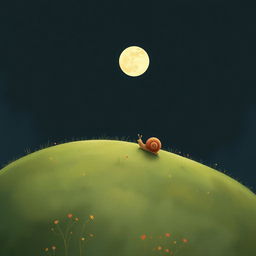 A small snail slowly climbing up a hillside at night, gazing at a round full moon in the sky