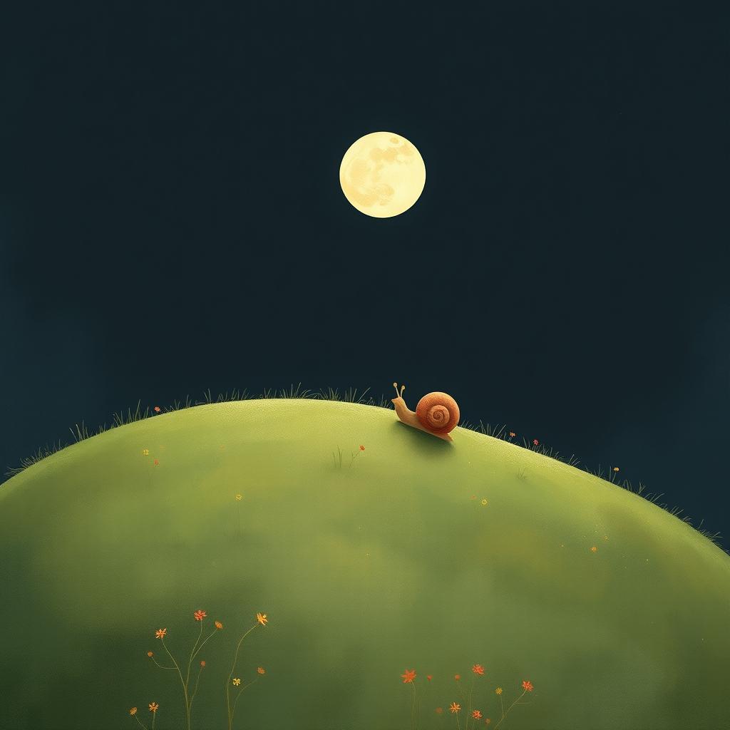 A small snail slowly climbing up a hillside at night, gazing at a round full moon in the sky