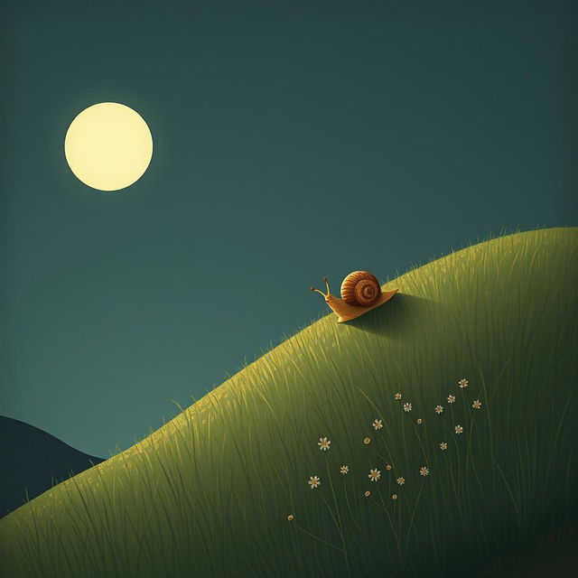 A small snail slowly climbing up a hillside at night, gazing at a round full moon in the sky