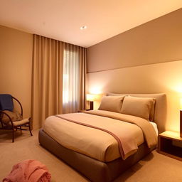 A dreamy 13 x 11 feet bedroom, tastefully decorated with contemporary furnishings, comfort oriented design, having soothing color palette with ambient lighting.
