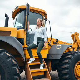 A confident woman standing on the steps of a massive yellow Volvo tractor
